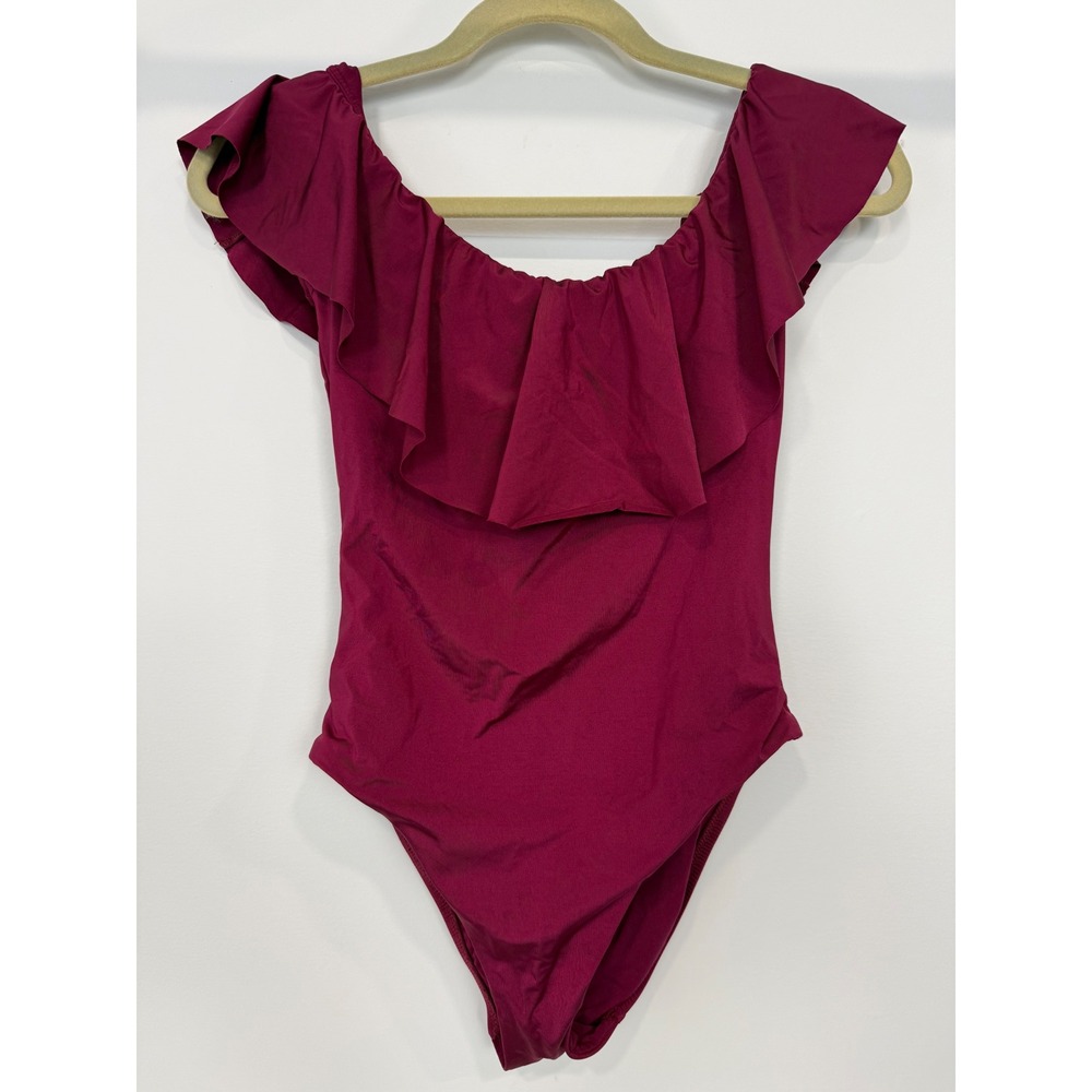 Trina Turk Women Burgundy Ruffle Off Shoulder One Piece Swimsuit Size 8